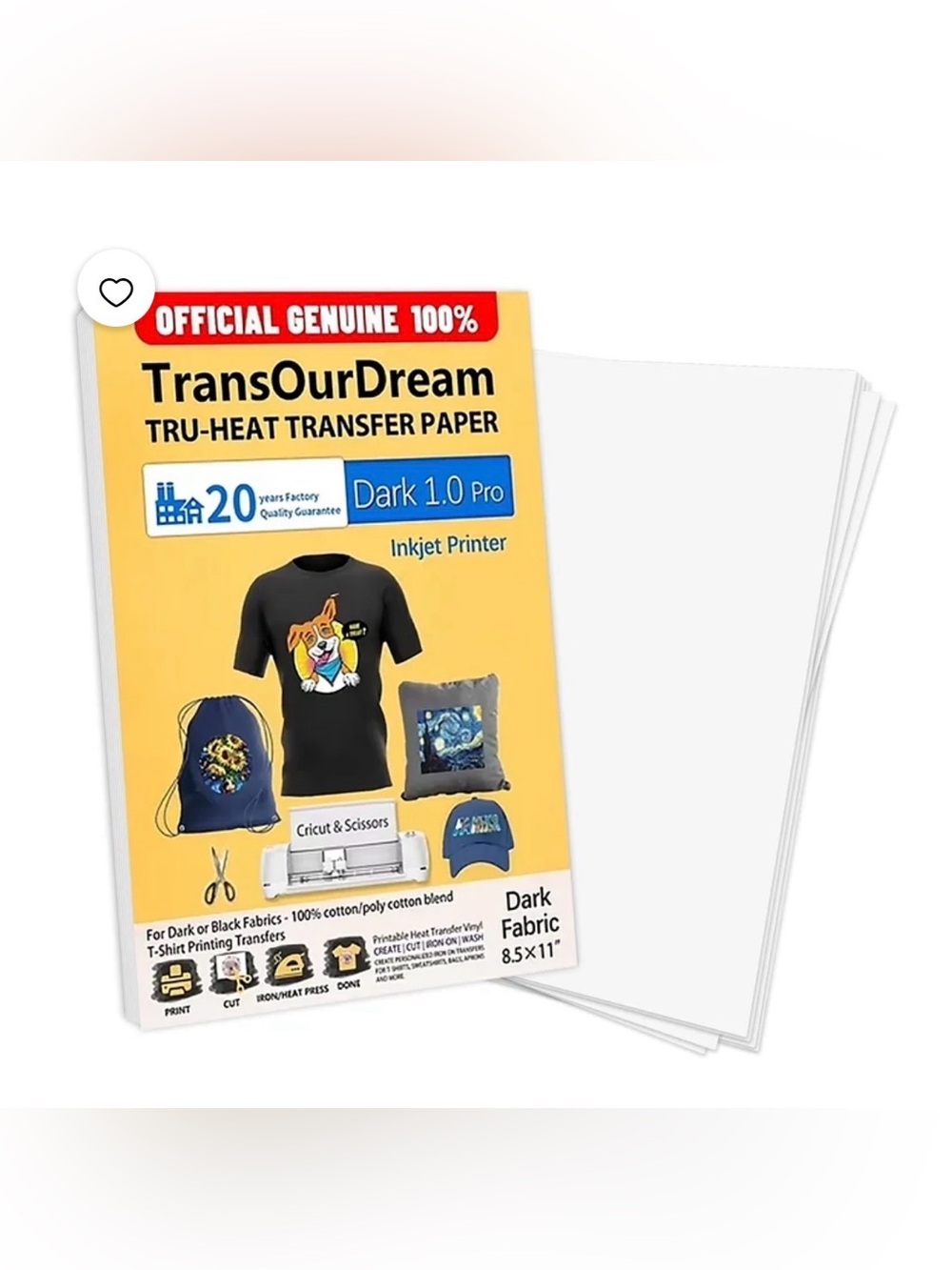 TransOurDream Transfer Paper for Dark Fabrics, Inkjet Printable, 8.5x11", (20)